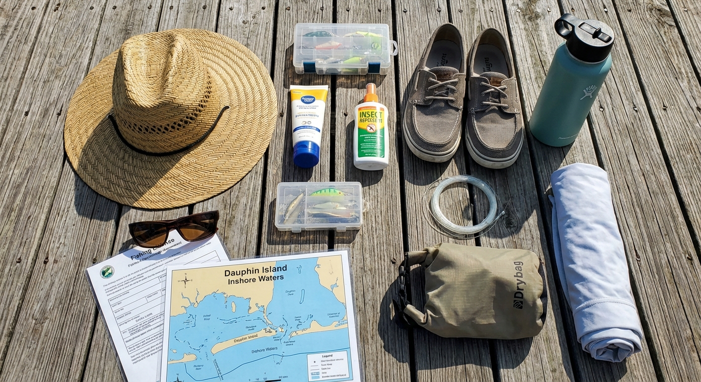 Essential items to pack for an inshore fishing charter in Dauphin Island, including cooler, sun protection, and fishing gear
