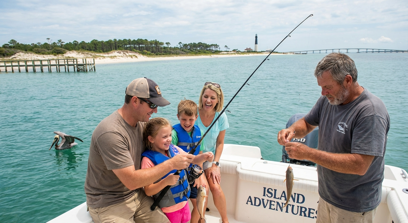 Family enjoying a fishing trip on Dauphin Island with kids and beautiful Gulf scenery