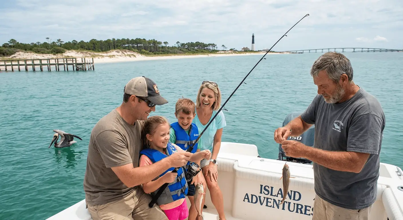 Family enjoying a fishing trip on Dauphin Island with kids and beautiful Gulf scenery